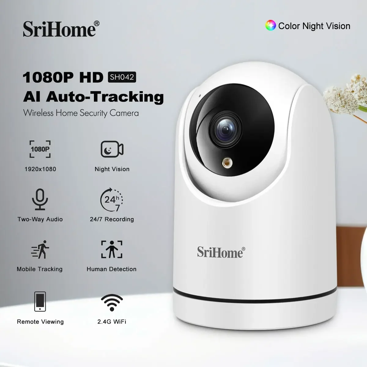 

Wi-Fi IP-камера Srihome Full HD PTZ с цветным ночным видением, двусторонней аудиосвязью, функцией радионяни, автоматическим отслеживанием, для домашней безопасности и видеонаблюдения