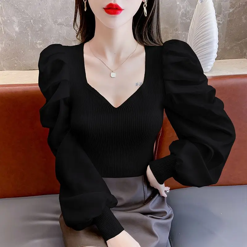 Women\'s Autumn Fashion Simplicity Solid Color V-neck Long Sleeve Shirts Women Clothes Temperament Office Lady Slim Tops