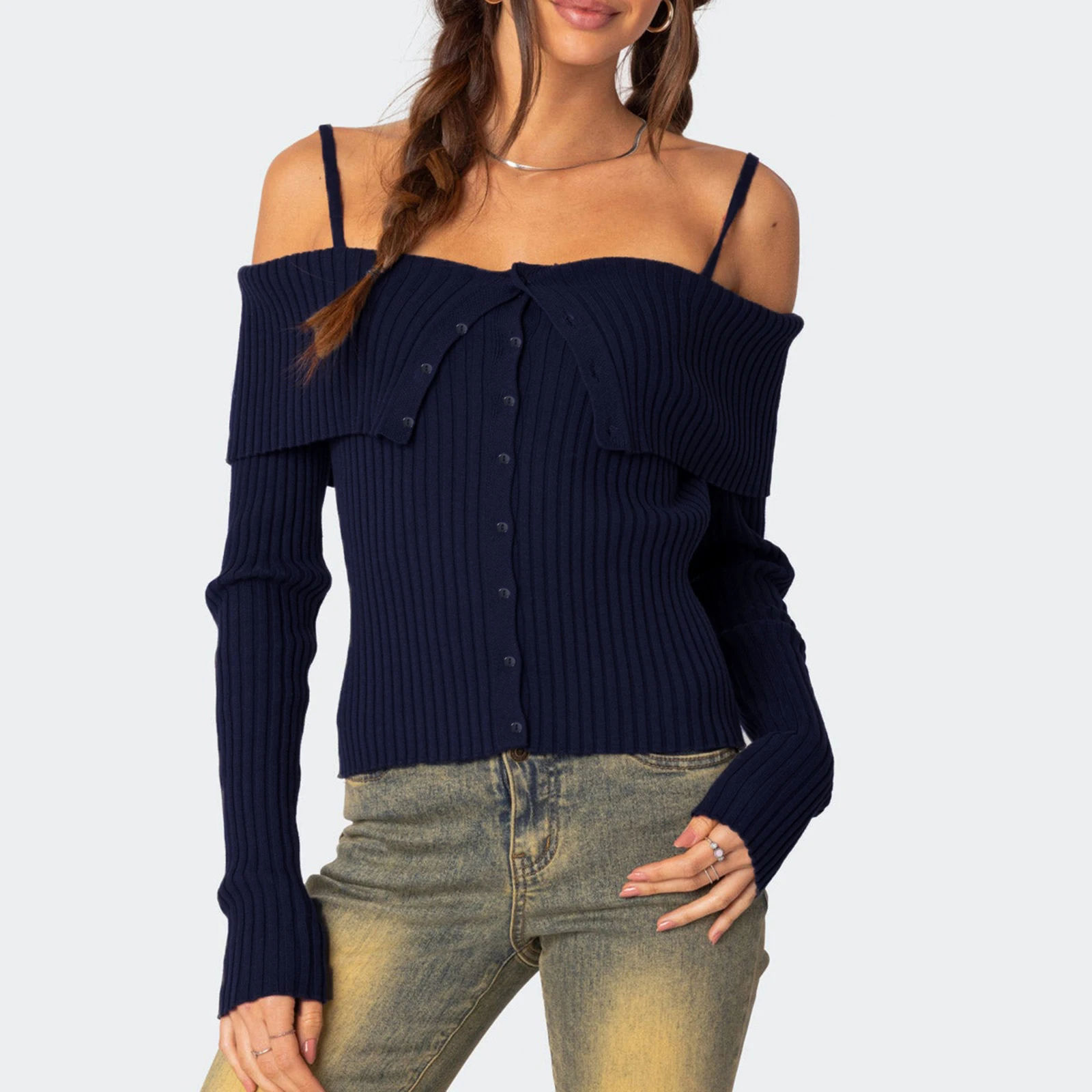 

Women's Blue Knit Slim Tops Autumn Solid Color Off Shoulder Long Sleeve Sweaters Fashion Knitwear Streetwear