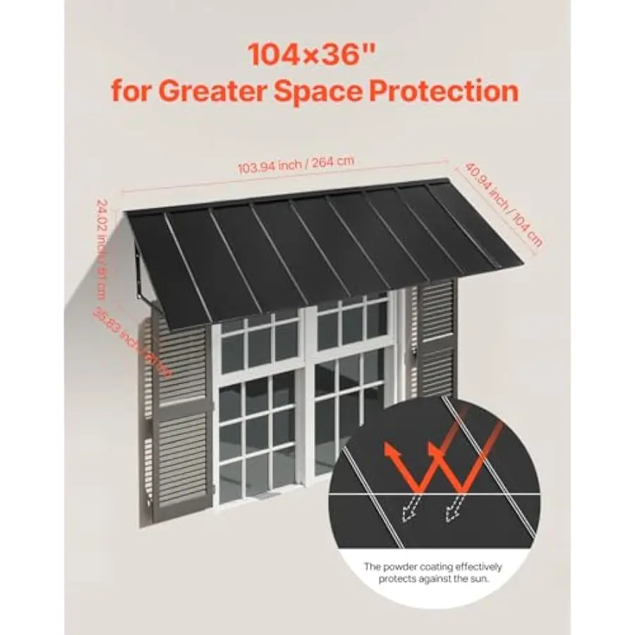 VEVOR Fixed Metal Awning 104 x 36 in, Window Awning Door Canopy, Stable Triangle Steel Frame Awnings for Doors Exterior Rain, Sn view 4