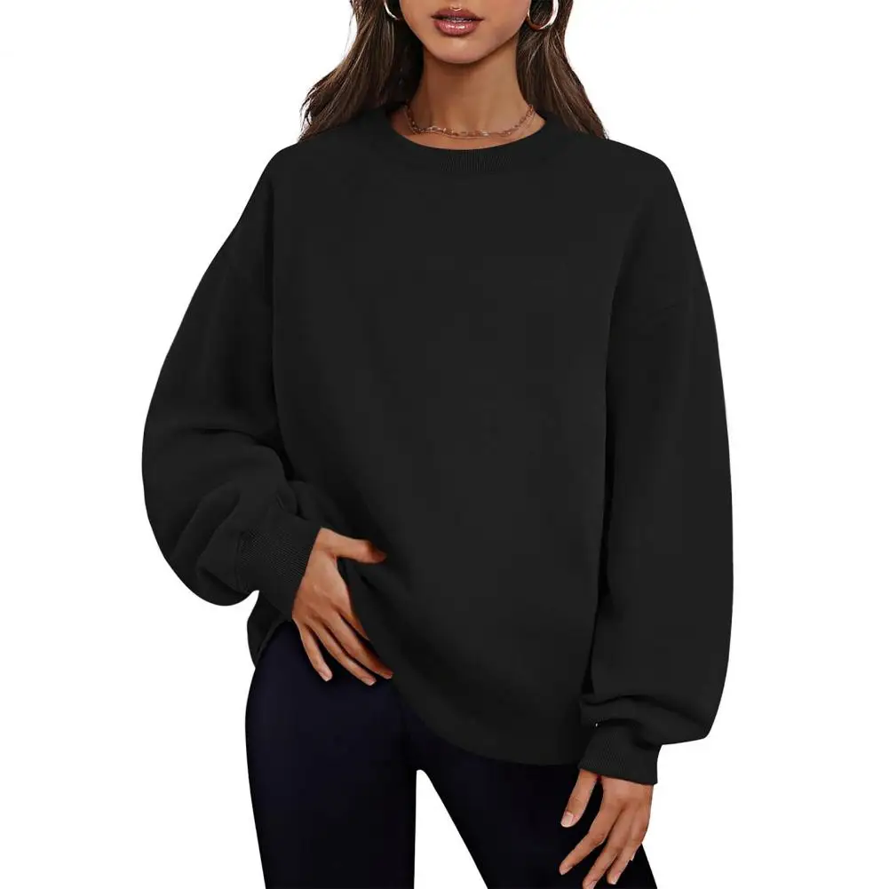 Fall Winter Women Sweatshirt Thickened Plush Round Neck Solid Color Loose Split Hem Pullover Mid Length Warm Basic Tops