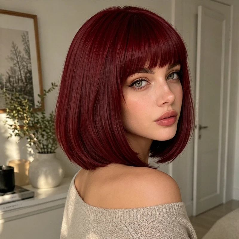 Burgundy bob wig, 12 inches, neat bangs, smooth straight ends, women's synthetic short hair everyday styling wig.