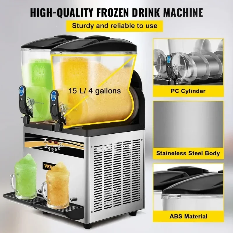 VEVOR Commercial Slushy Machine, 15Lx2 Tank Margarita Maker, 1000W Stainless Steel Smoothie Frozen Drink Maker