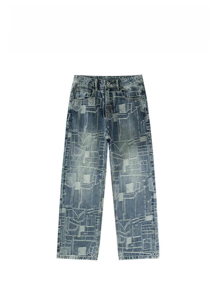 

BAIRBAOLIY High Street Faion Unique Design Men's Jeans Loose Straight Casual Long Pants Cotton mid Waist Zipper Closure