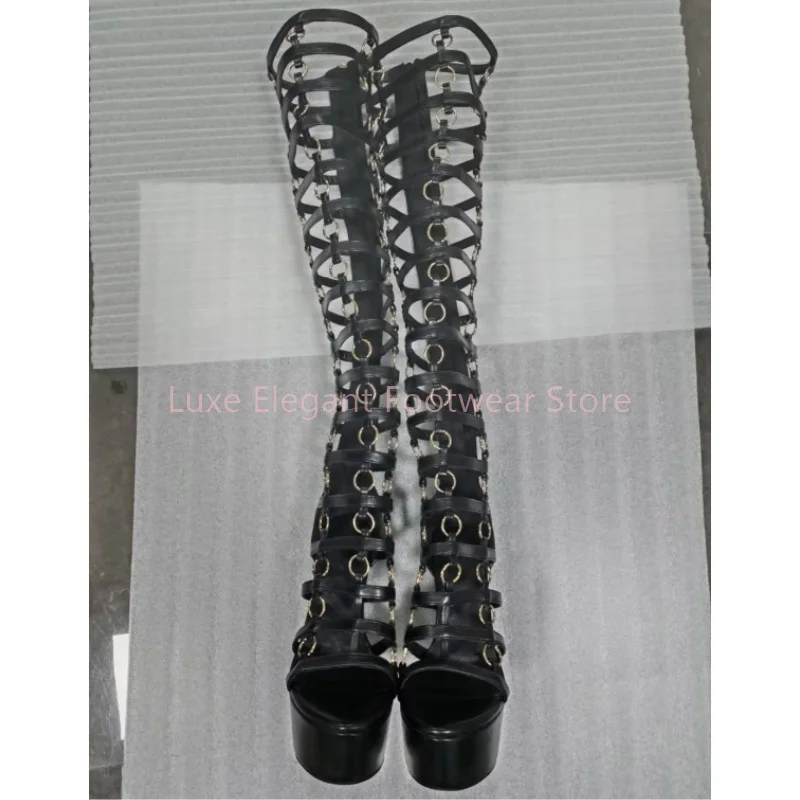 Black Metal Ring Back Zipper Platform Long Boots Women Peep Toe Strappy Cutout Knee High Boots Fashion Sexy Party Gladiator Shoe