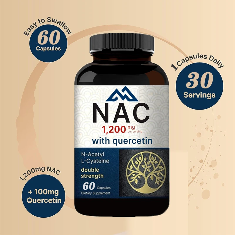 NAC supplement 1200mg 60 capsules, N-acetylcysteine containing quercetin dual strength - supports immune, liver, and lung health