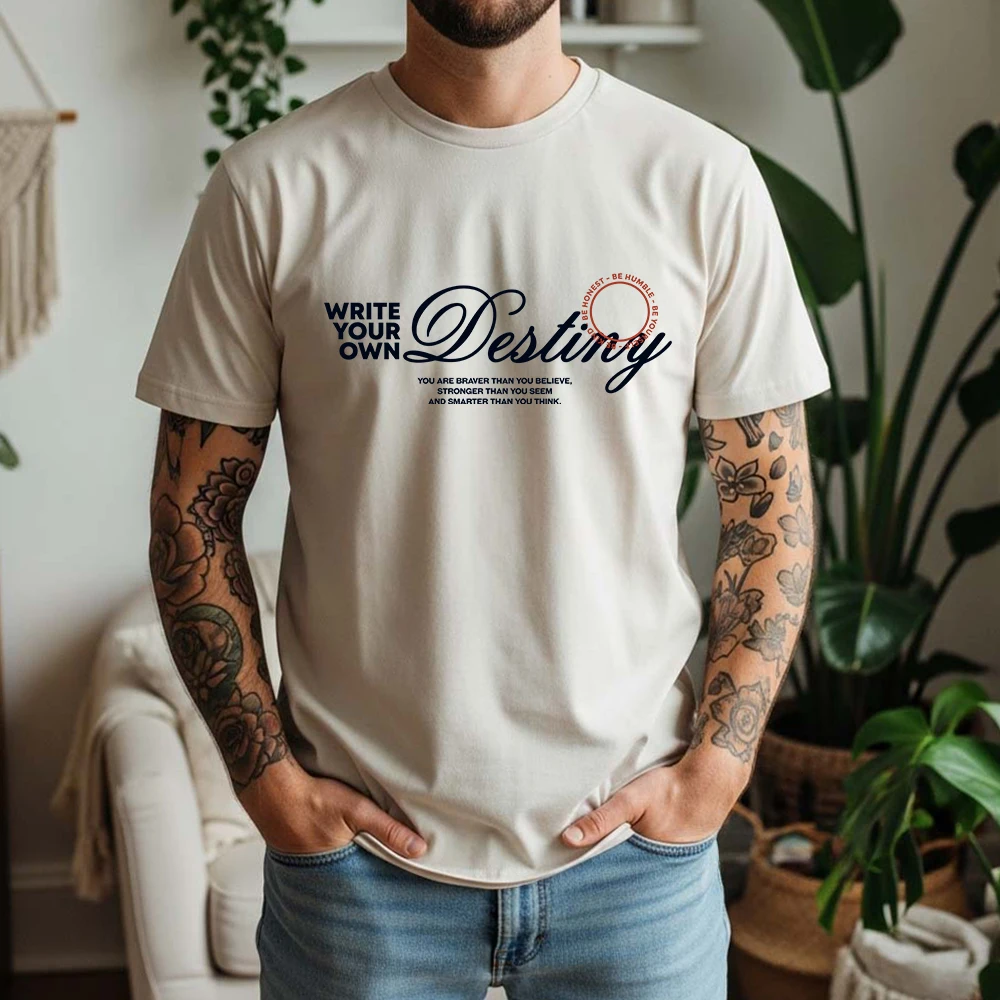 Men New Summer 100% Cotton T Shirt Retro Write Your Own Destiny Text Print Breathable Casual Short Sleeve For Street Daily Wear