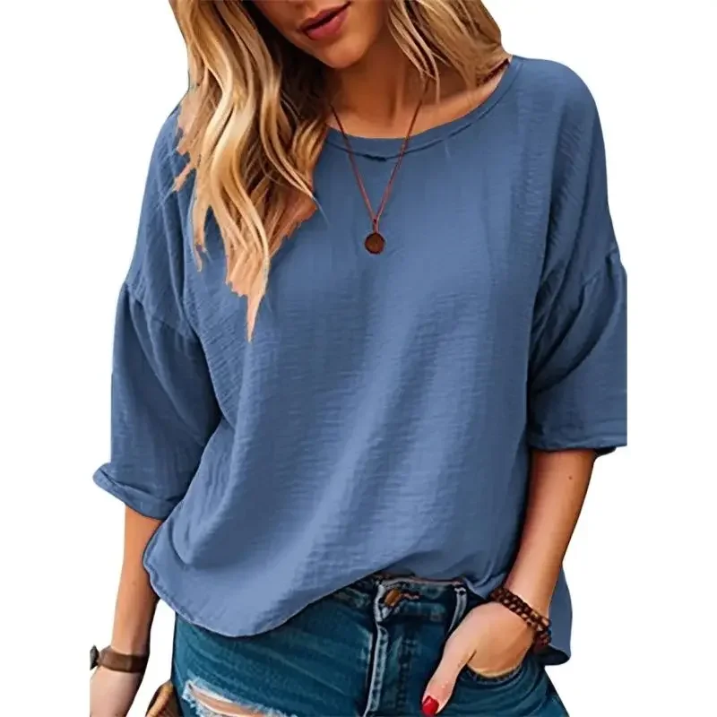 

2024 Summer Solid Color Seven-quarter Sleeve T-Shirt Women Comfortable Casual Commuter Top Female Loose Round Neck Pullover Tees