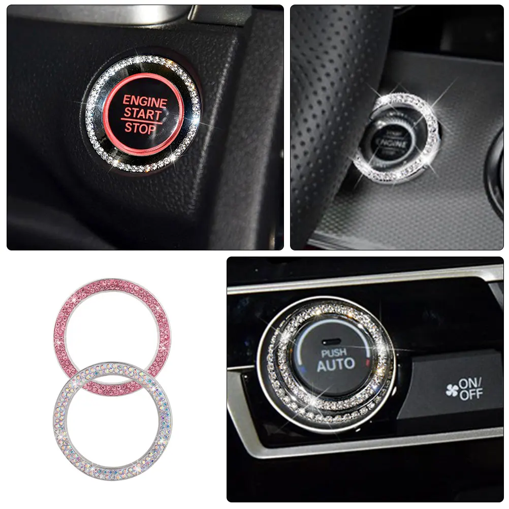 

2pcs Push To Cover Ignition Button Car Accessories Rhinestone Engine Start Decoration Ring Durable Sparkling Car Interior