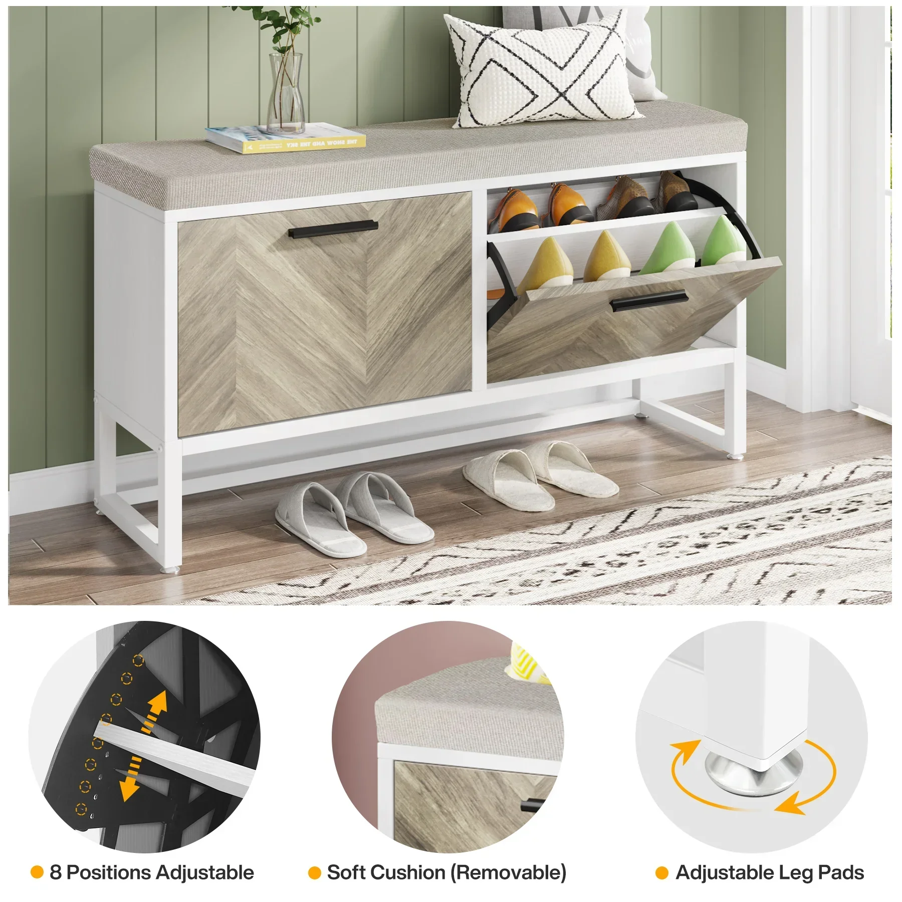 Tribesigns Shoe Storage Bench with Seat Cushion, Entryway Shoe Bench with 2 Flip Drawers, Hallway Bench with Shoe Storage