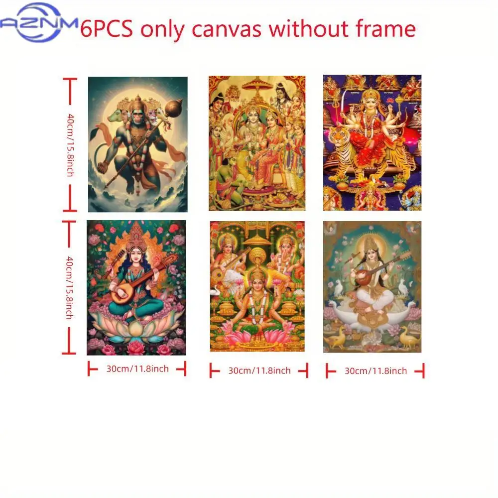2D/FLAT 6pcs Frameless Abstract Art Canvas Painting, Hindu Ganesha Elephant-Headed God of Wealth Portrait Art Poster, Indian Vin