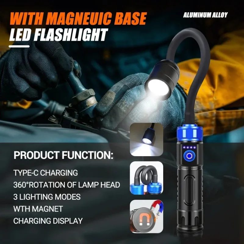 Flexible Handheld EDC Flashlight Zoomable Rechargeable Tool Light Magnetic Car Repair Lamp 360° Adjustable Outdoor Grill Light