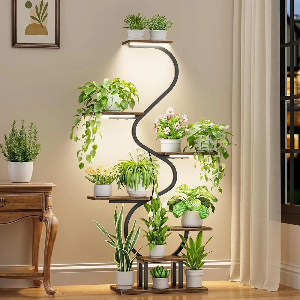 Indoor Plant Stand with Full Spectrum Grow Light 7 Tier Metal Shelf Corner and Decorative Display