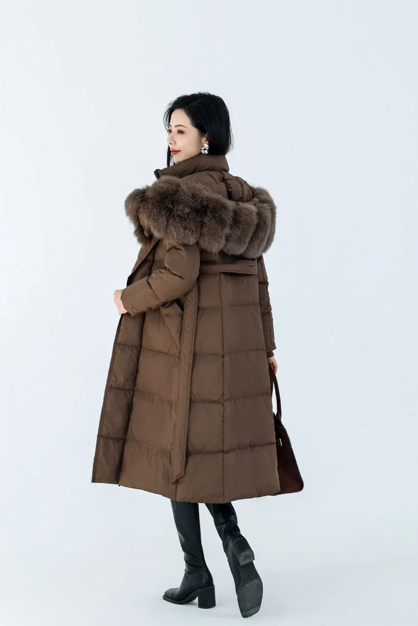 Jaqueta feminina europeia de inverno, jaqueta slim fit com capuz de pele de raposa e ganso