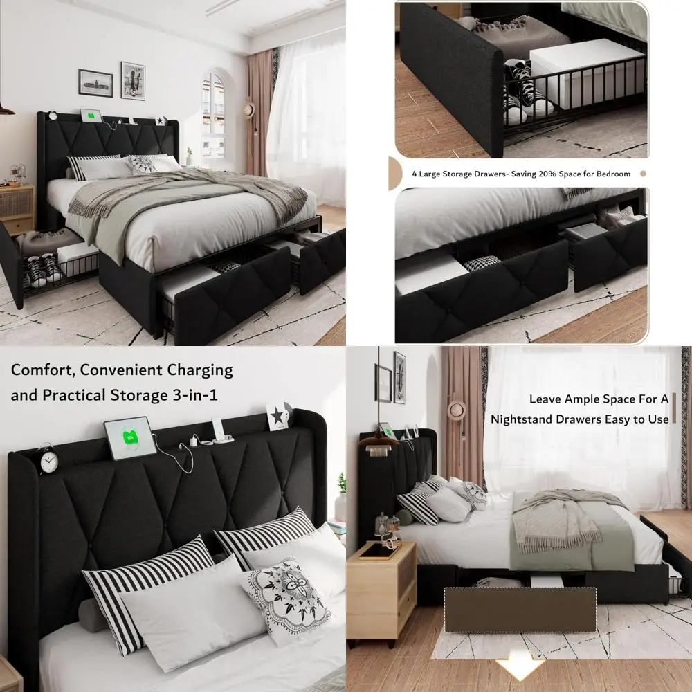 إطار سرير تخزين منجد بالحجم الكامل مع 4 أدراج، وسرير حديث بمنصة مجنح مع محطة شحن