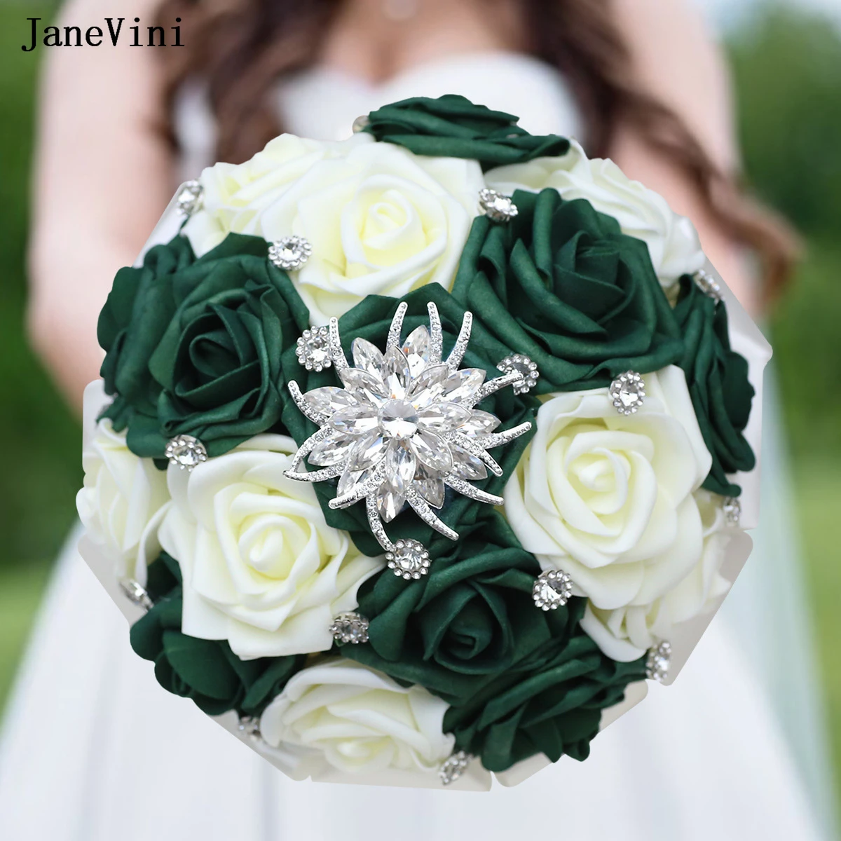 

JaneVini New Hot Sale PE Bridal Bouquets with Silver Crystal Artificial Foam Roses Dark Green Ivory Wedding Fake Bouquet Flowers