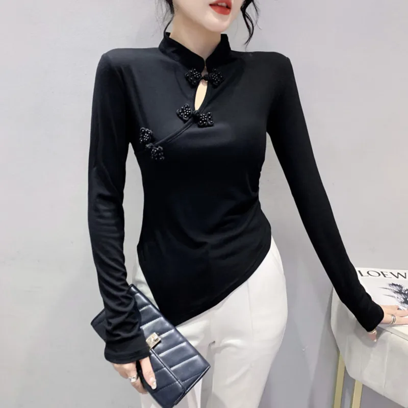 #8093 Black White Irregular T Shirt Women Buttons Vintage Hollow Out Stand Collar Chinese Style Short Tight T Shirt Long Sleeve