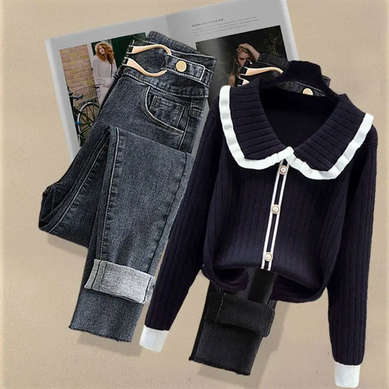 Women's 2024 Spring Autumn New Doll Neck Knitted Sweater High Waist Jeans Two Piece Suit Korean Elegant Denim Pants Matching Set