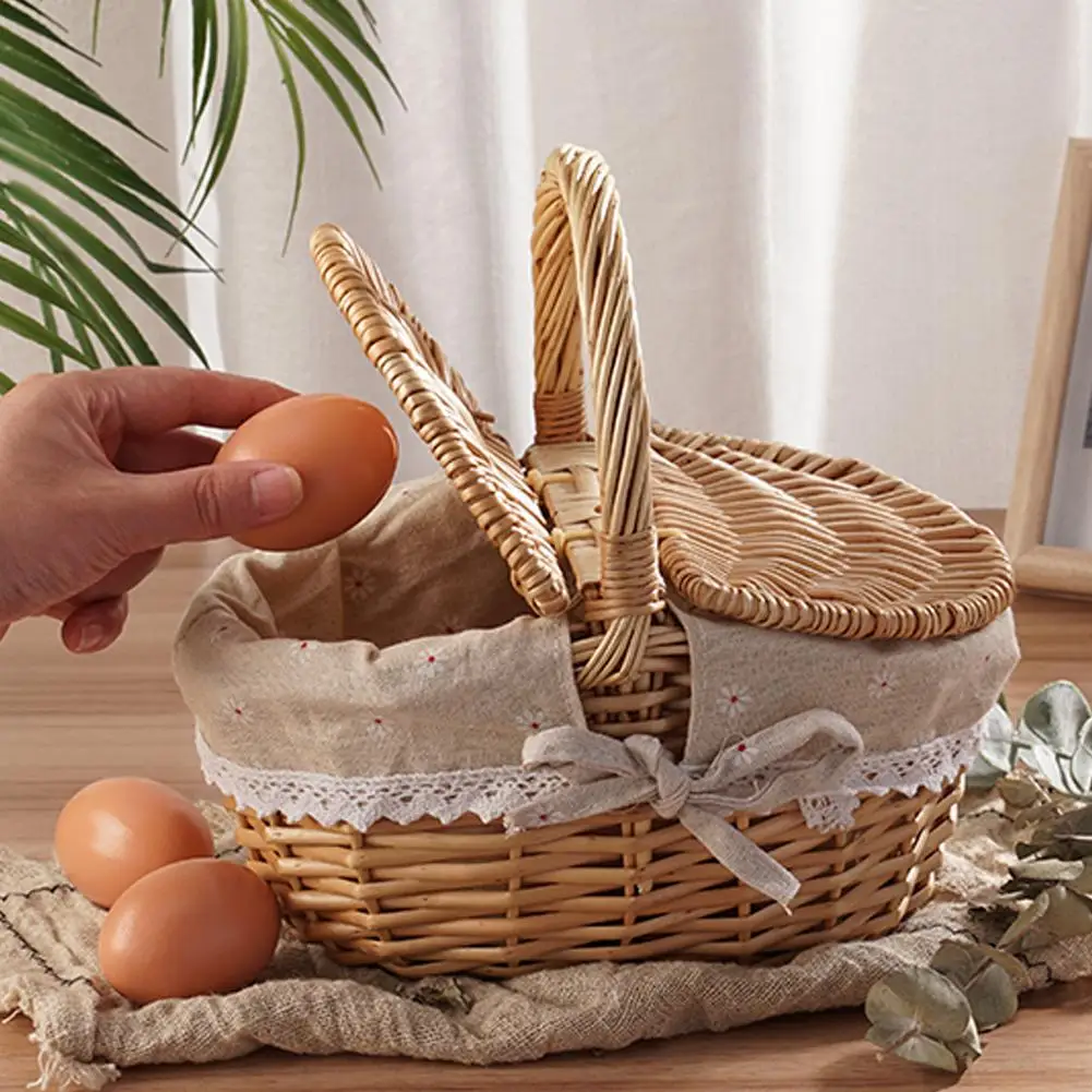 Handmade Wicker Picnic Basket with Lid Handle Picnic Hamper Outdoor Double-lid Camping Large Capacity Food Fruit Storage Basket