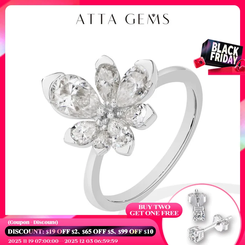 ATTAGEMS 925 فضة فاخر النساء خاتم الزهور DVVS1 مويسانيتي الكمثرى قطع الكلاسيكية الفرقة المشاركة الزفاف غرامة مجوهرات
