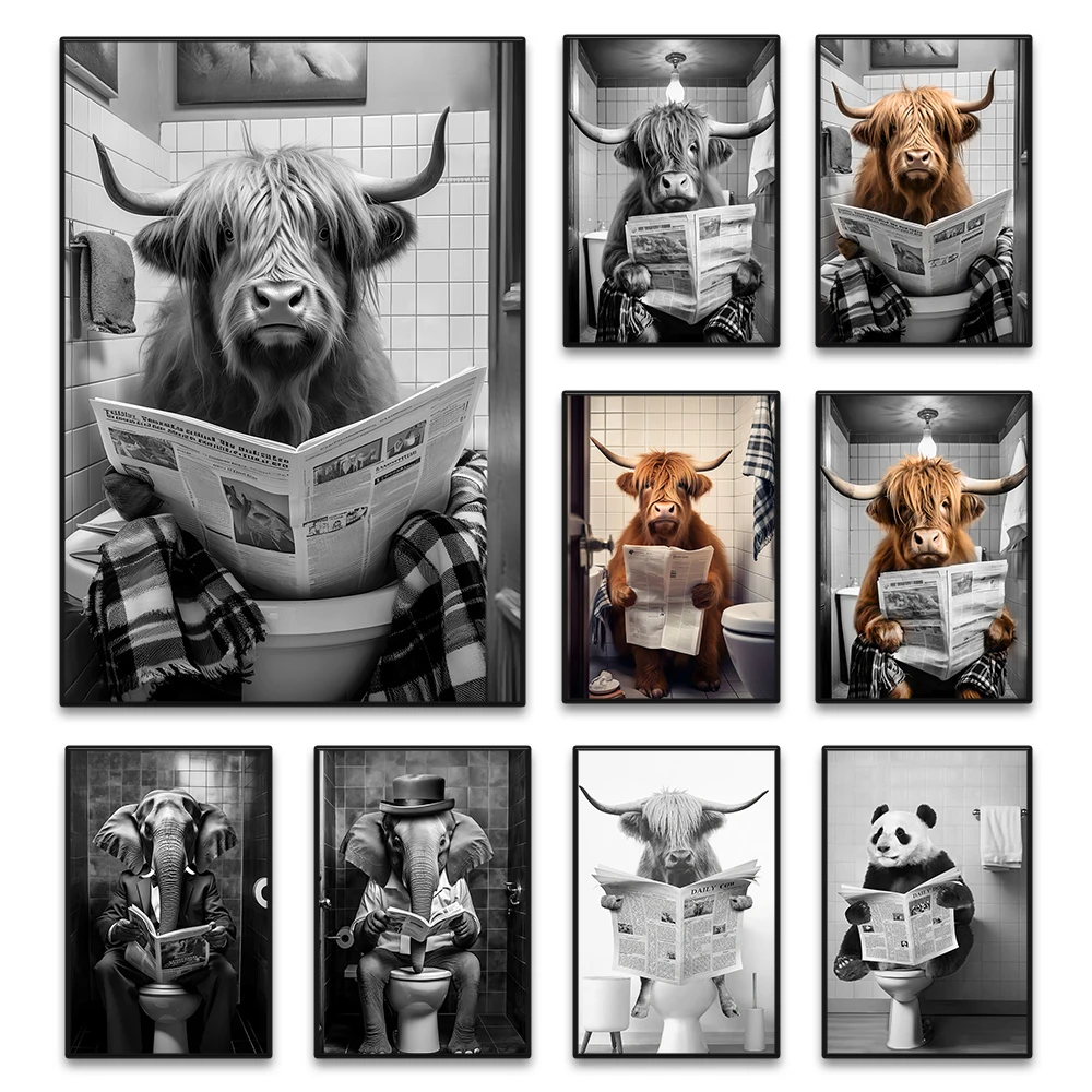Funny Scottish Highland Cow Reading Newspaper in Toilet Cute Animal Panda Elephant Bathroom Poster and Prints Wall Art Pictur
