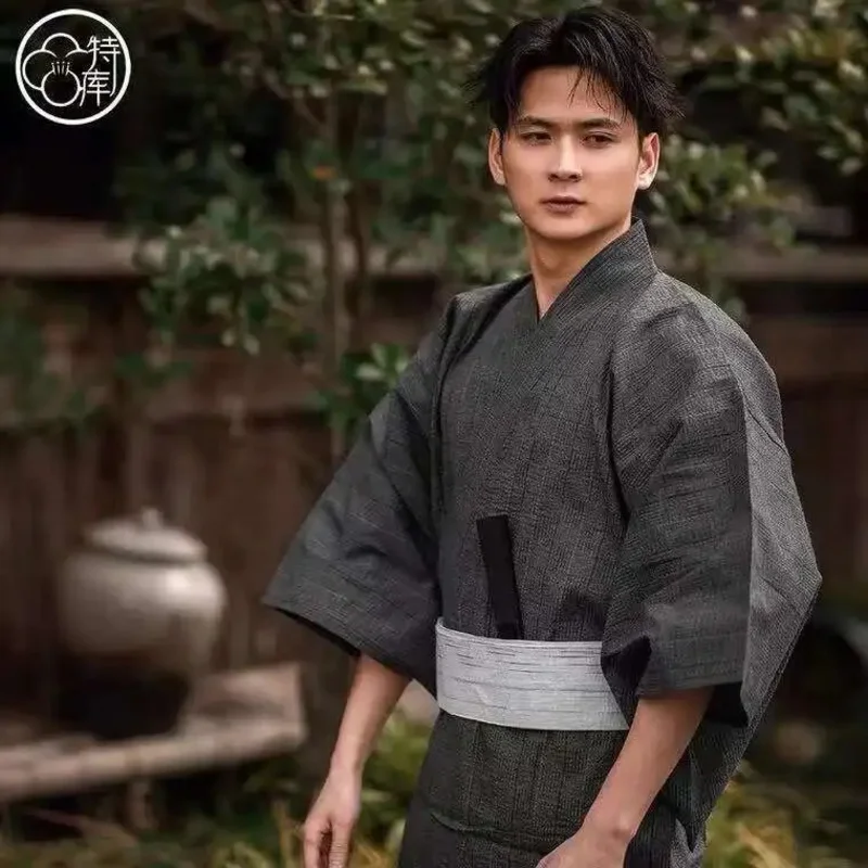 Traditional Japanese KIMONO Fashion YUKATA Summer Men Long Robes With Belt 95% Cotton Pajamas Set Male Sleepwear Bathrobe