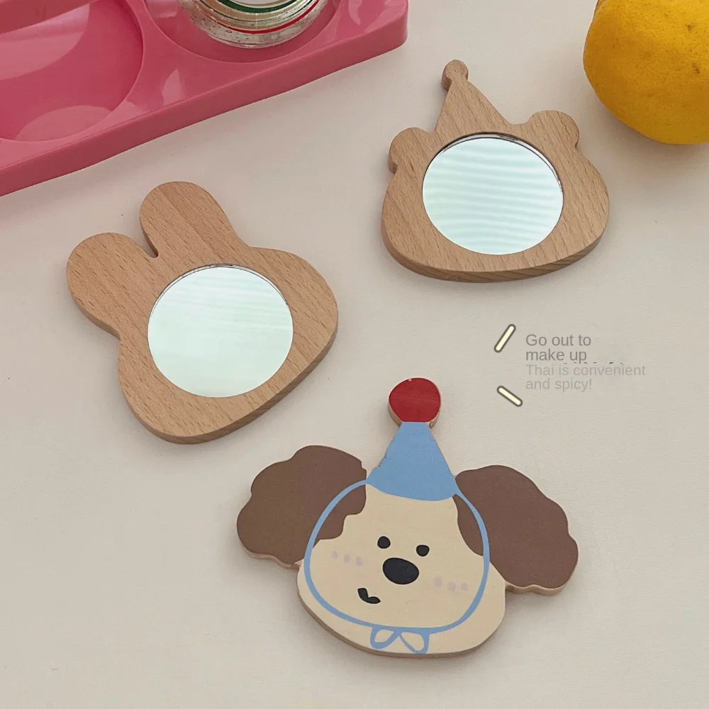 Mini Cute pattern Handheld Mirror Animal Shape Wooden Compact Pocket Mirror High Definition Travel Cosmetic Mirror Household