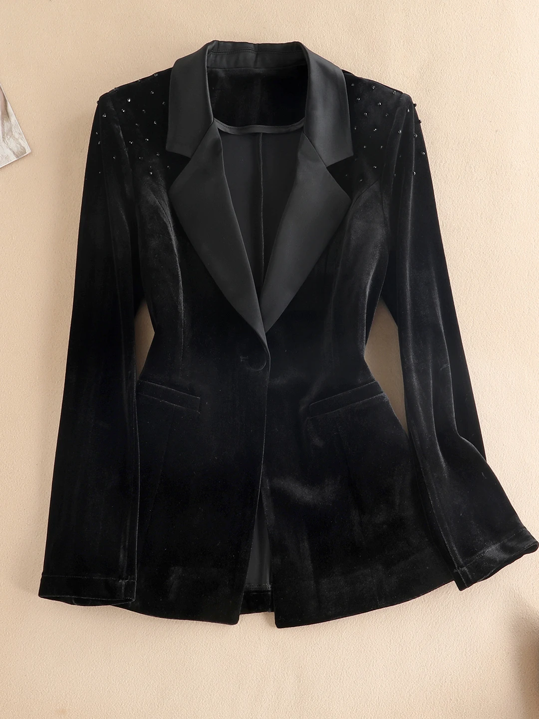 

Женский осенний модный приталенный костюм с бархатным пиджаком, инкрустированным стразами, в западном стиле, из высококачественного полиэфирного волокна