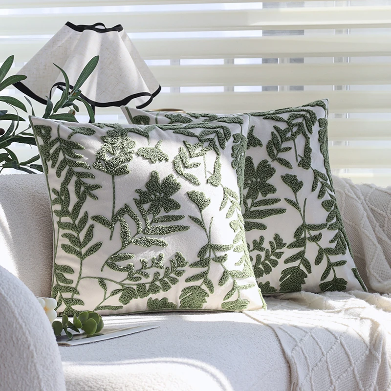 

2 Pcs Dutch Velvet Pillow Covers 18x18inch Embroidery Botanical Leaf Single-sided Pillowcases 45x45cm Farmhouse Couch Decor
