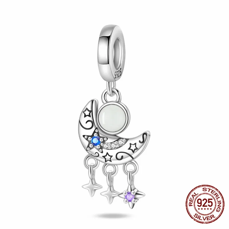 

925 Sterling Silver Beaded Zirconia Moon Pendant suitable for original bracelet designs DIY womens jewelry gifts