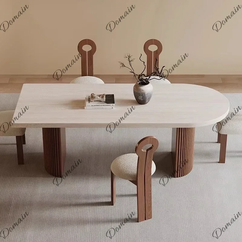 IHX JG Vintage Semi Oval Sintered Stone Dining Table, High Temperature Resistant Solid Wood Base, 6 Seater For Home & Restaurant