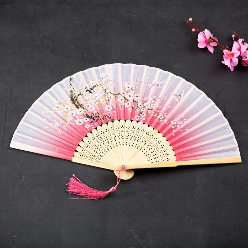 The Existing Vintage Style Silk Folding Fan Chinese Japanese Pattern Art Craft Gift Home Decoration Ornaments Dance Hand Fan