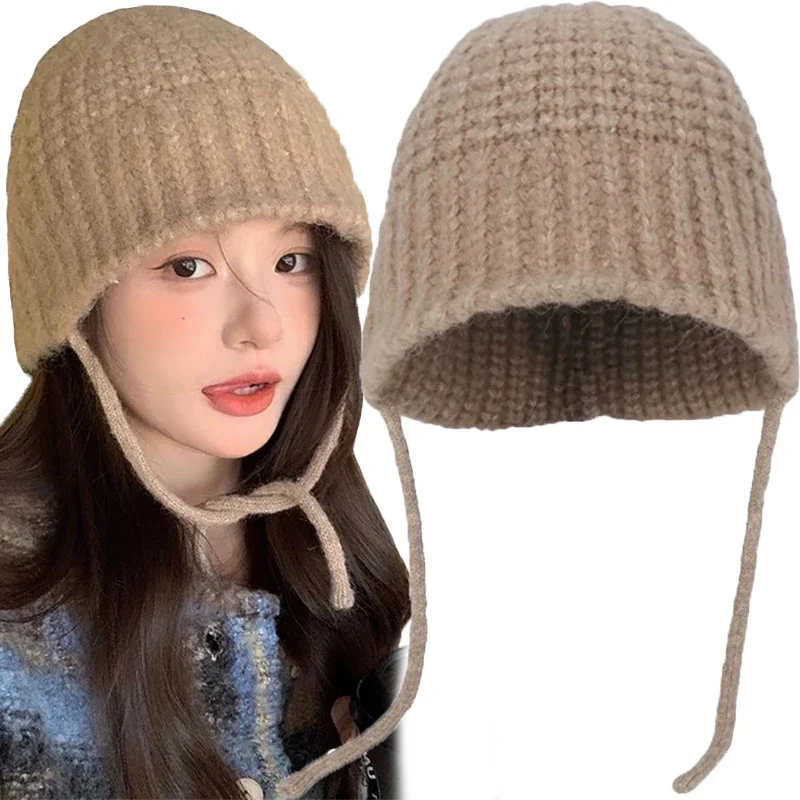 Cute Knitted Bucket Hats Women Autumn Winter Warm Pile Caps Ear Protection Bonnet Cap Vintage Handmade Thicken Korea Streetwear