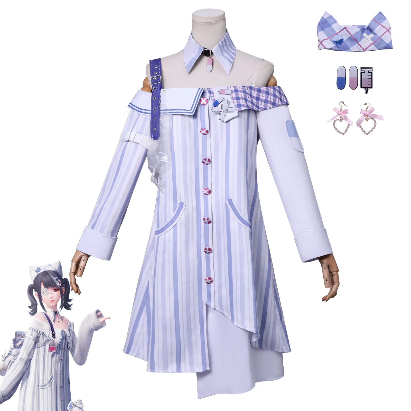 

Game Infinity Nikki Nikki Nurse Dress Cosplay Costume Blue White Vertical Stripe Off Shoulder Shirt Dress Full Set