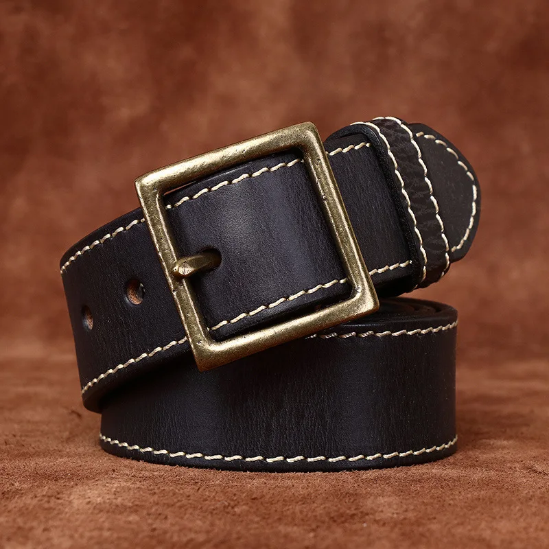 Wide 4.2CM Thick 5MM Genuine Leather Belt Men Luxury Strap Male Fashion Pure Cowhide Copper Buckle Retro Pin Buckle High Quality