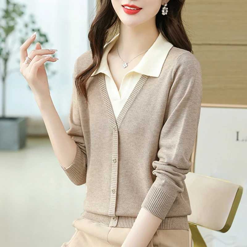 Sweter damski Dongguan Daliang, nowy, dzianinowy, imitacja dwuczęściowego swetra, długi rękaw, dekolt w serek, standardowa długość, kardigan zimowy.