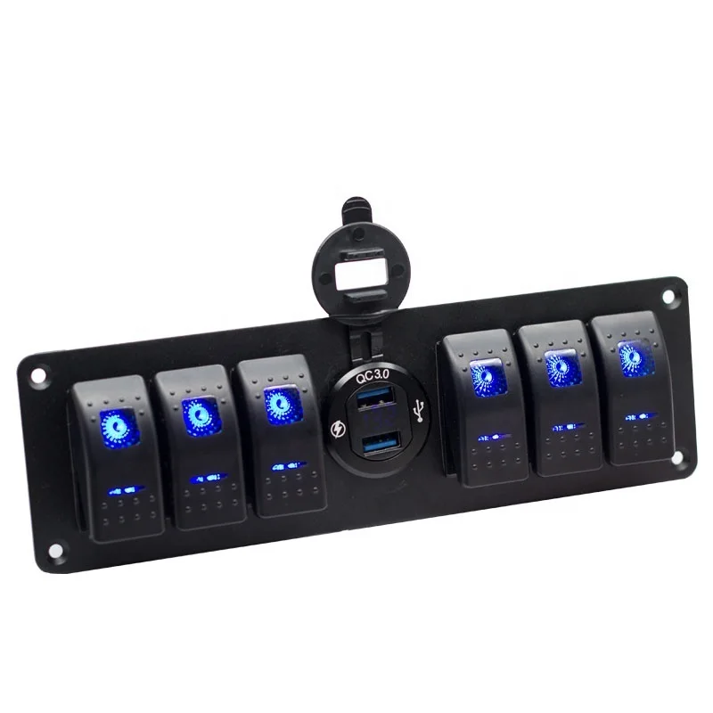 6 Gang 12V SPST ON Off QC 3.0 USB Charger Voltmeter Waterproof Aluminum Rocker Switch Panel