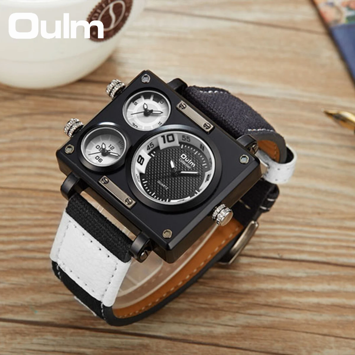 Oulm Watch Luxury Brand Men Fabric Strap Quartz Watch Clock Male Multiple Time Zones Square Sports Watches Relogio Masculino