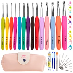 Crochet Hooks Kits with Storage Bag Soft Handle Aluminum Crochet Needles Yarn Weave Knitting Needles Set DIY Sewing Weaving Tool