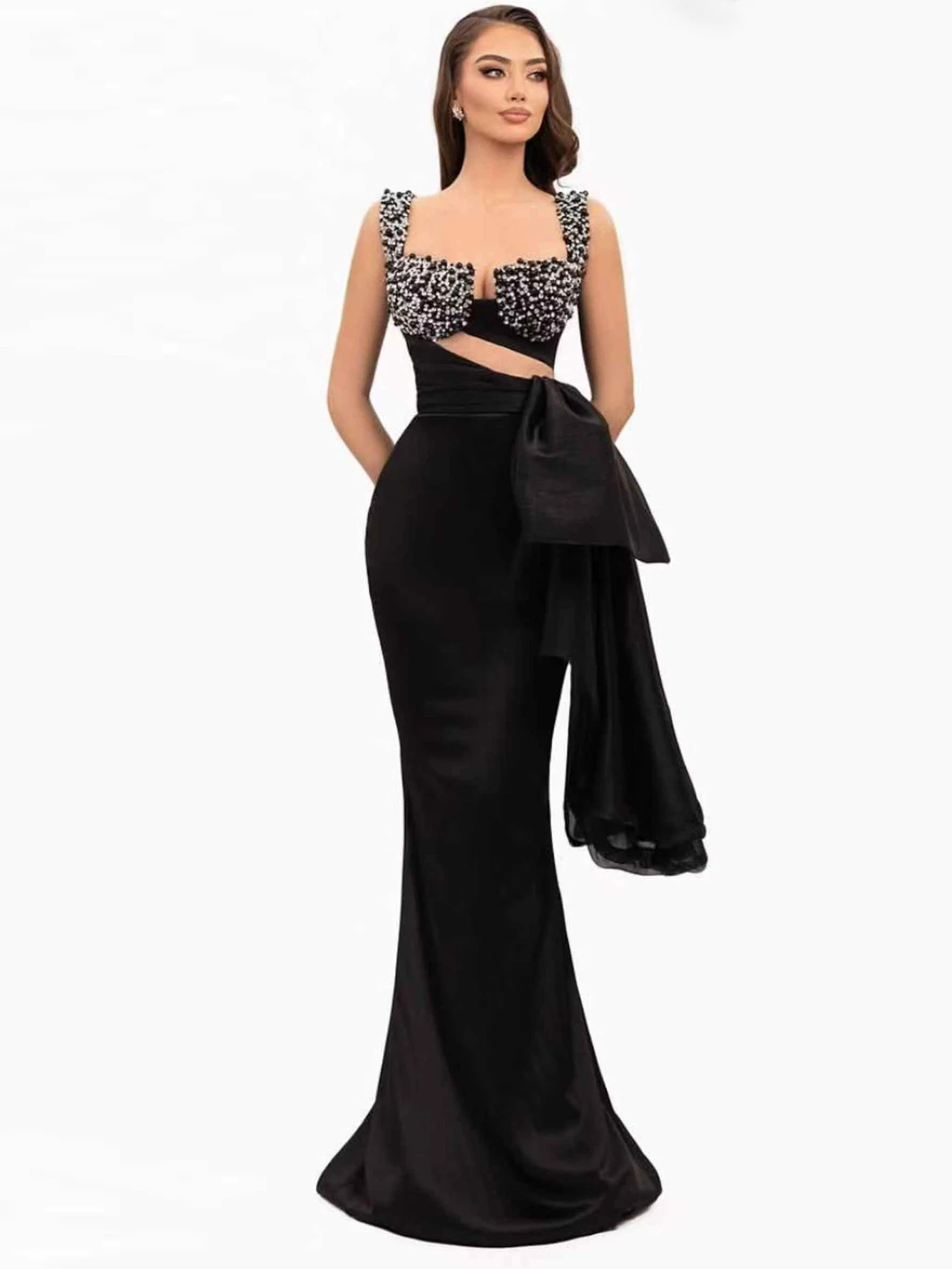 

High Quality Women'S Black Sexy Sleeveless V-Neck Luxurious Pearl Mesh See Through Bandage Maxi Dress Elegant Club Party Dress