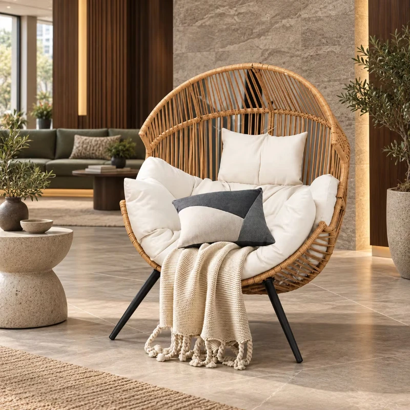 Comfortable and minimalist black portable folding rattan chair with sponge cushion, seat rotatable frame, indoor/outdoor garden