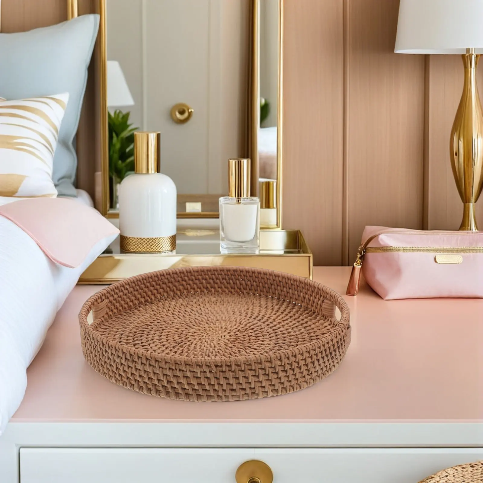 Round Handwoven Rattan Tray with Ergonomic Cutout Handles 29.5cm Natural Woven Serving Tray for Organizer Coffee