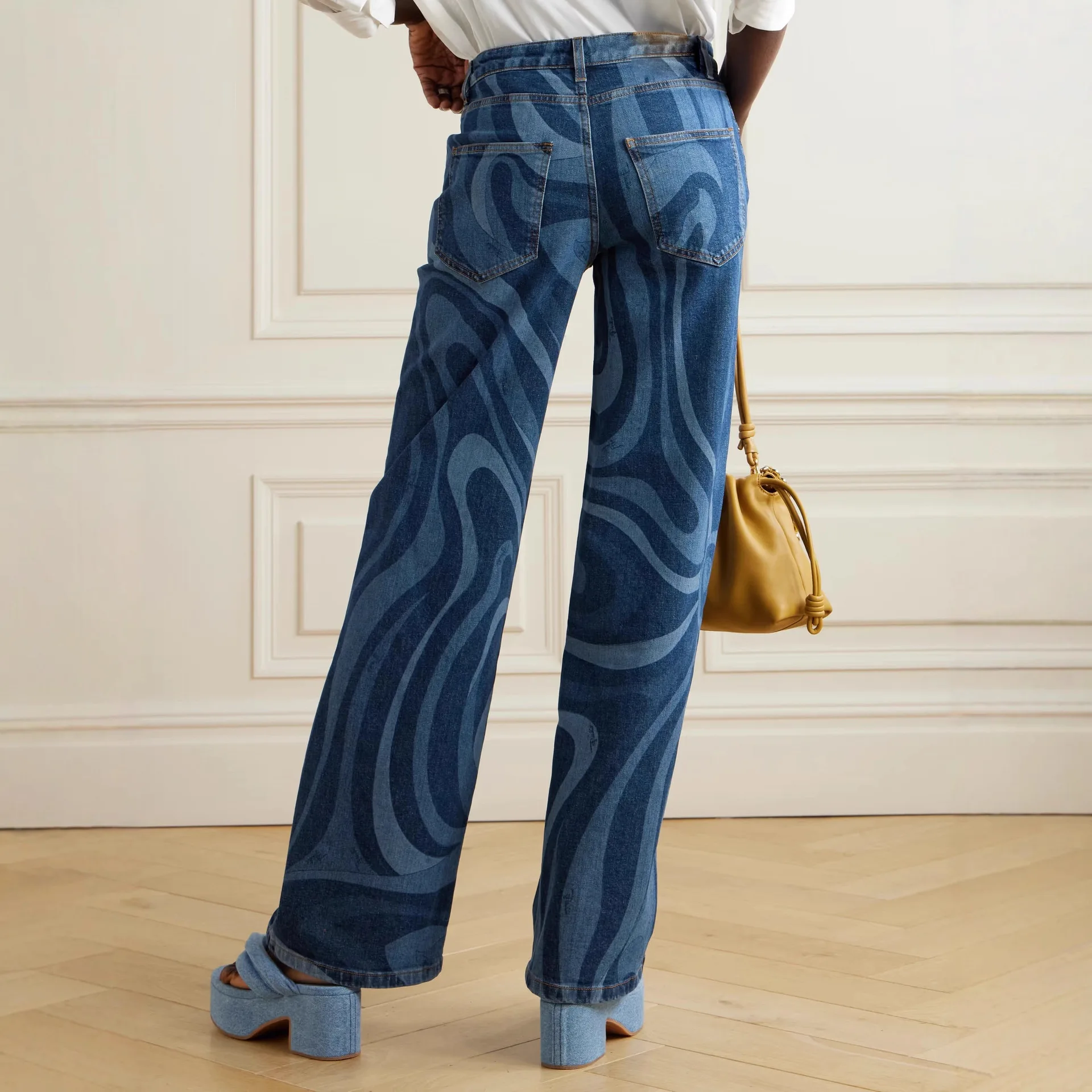Spring Fall Fashion Casual Water Wave Print Straight-Leg Jeans 2026 Women's High-Waisted Slim-Fit Drapey Loose Wide-Leg Pants