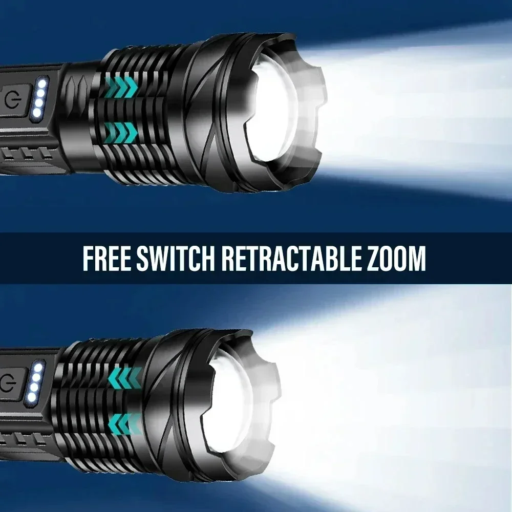 100000LM LED Flashlights High Strong Power Tactical Emergency Zoom Spotlights Built-in Battery USB Rechargeable Camping Torch