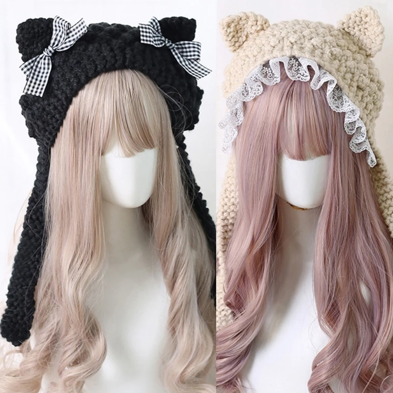 Knit Beanie Hat Cute Animal Ears Lace Decor Winter Caps Knitted Hats Photograph Props for Kids Adults Women Girls
