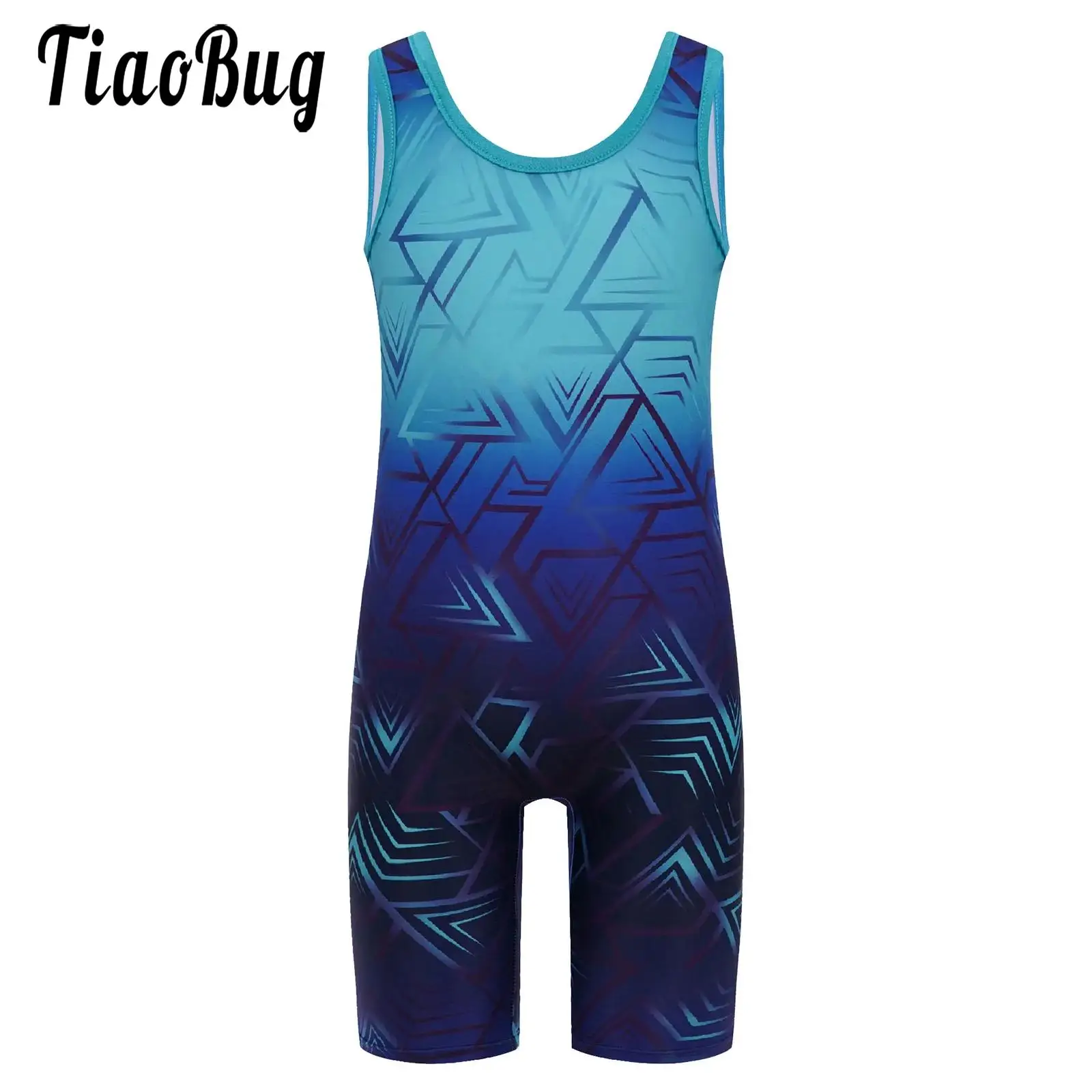 

Kids Boys Geometric Printed Gymnastic Jumpsuit Wrestling Singlet U Neck Sleeveless Sports Bodysuit for Cycling Workout Exercise