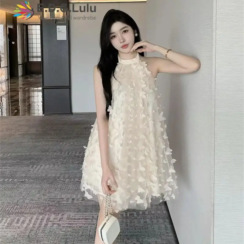 EDGLuLu Sexy Backless Big Bow White Dress For Women Elegant Party Sleeveless Mesh Embroidered Butterfly Mini Vest Dress 0407