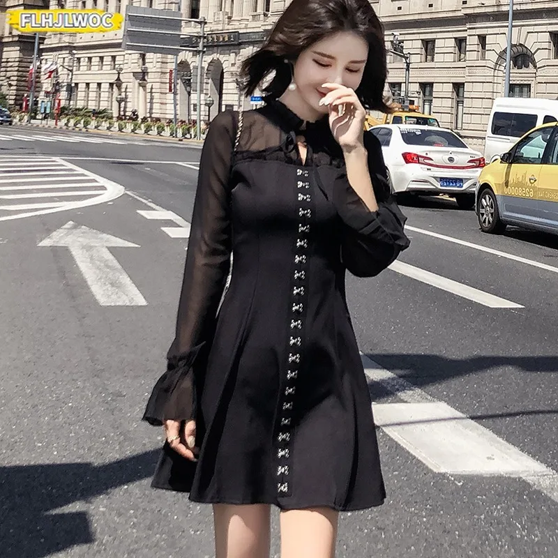 Little Black Dresses New Year Date Girls Women Flare Sleeve Sheer Mesh Sexy Retro Vintage Mini Dress Sequined Feminine Vestidos