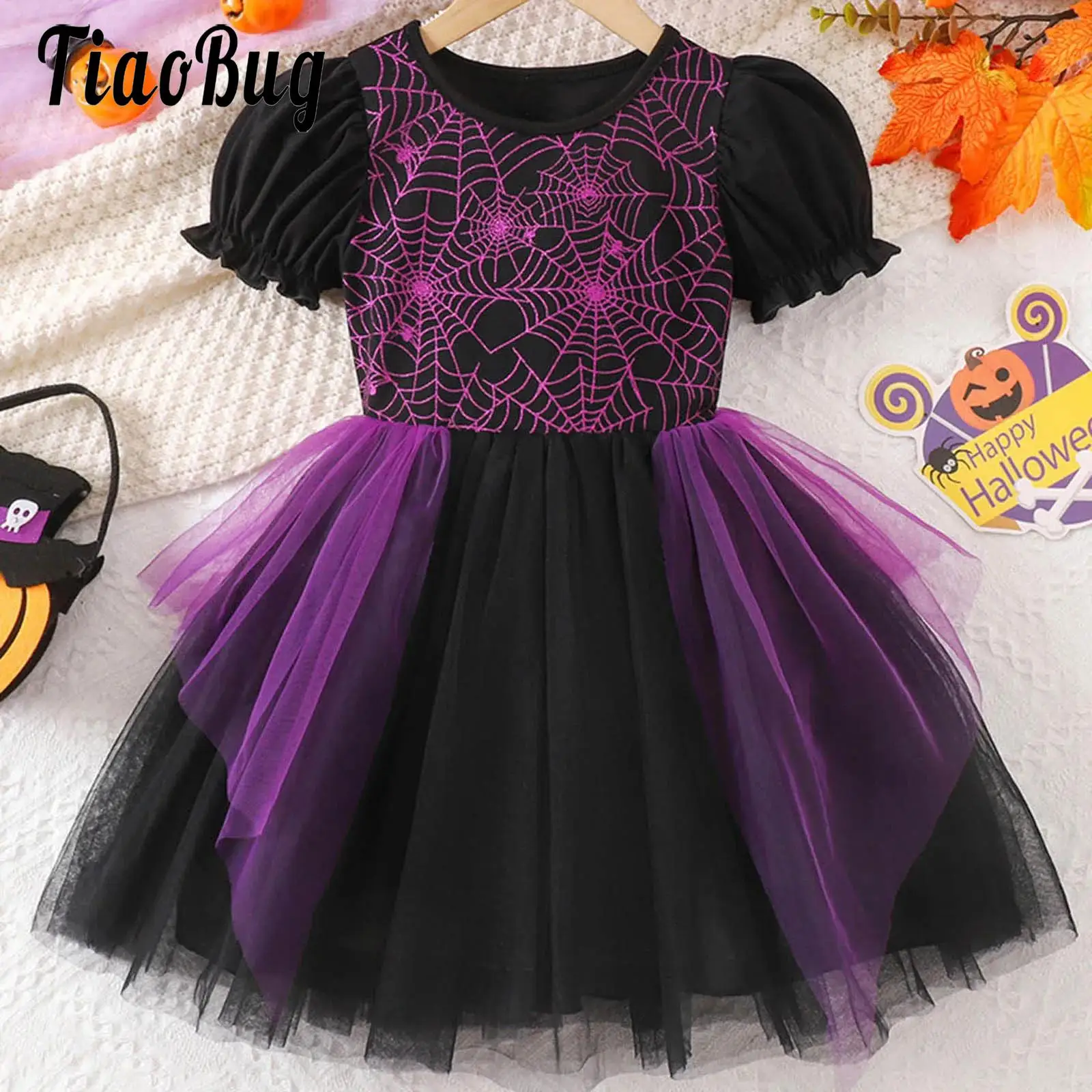 

Halloween Costumes Girls Spider Web Print Party Gown Dance Child Elegant Ruffled Mesh Tutu Dress for Stage Performance Festival