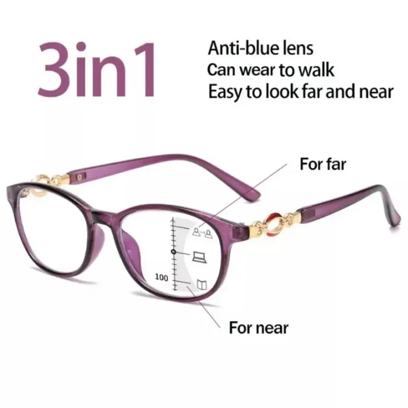 Nouvelles lunettes de lecture multifocales progressives 3 en 1 pour femmes, lunettes anti-lumière bleue, faciles à utiliser pour regarder de près et de loin +1.0 à +4.0